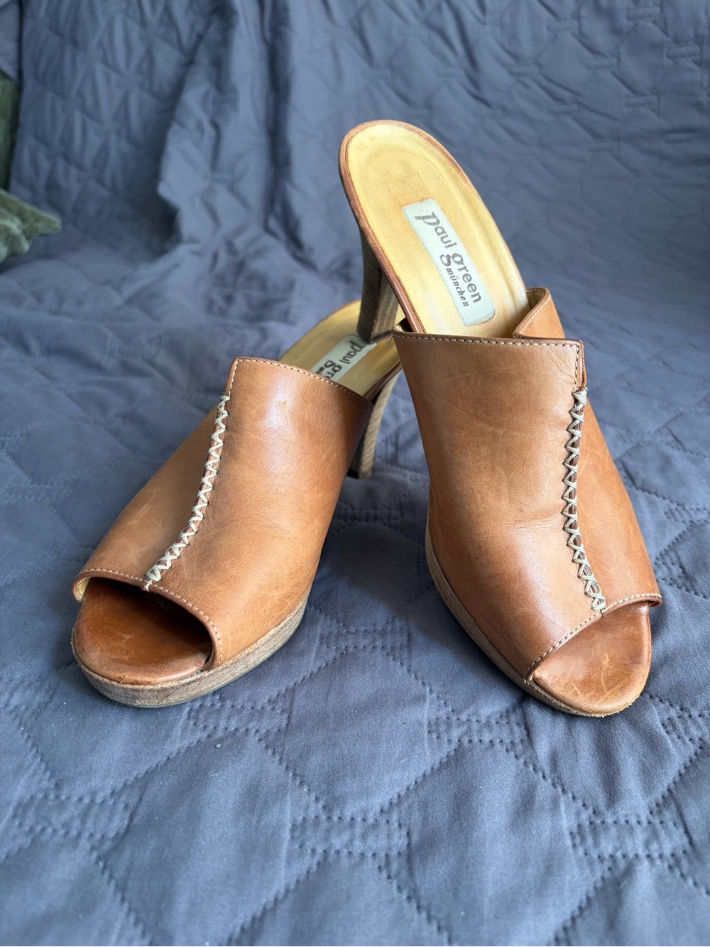 Women’s Paul Green Tan Leather Peep-Toe Heeled Mules Sz 8 (EUR 6)